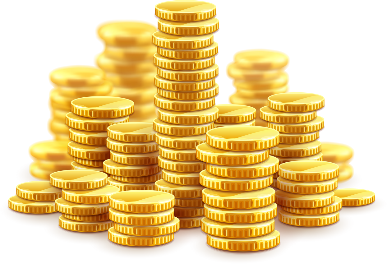 Gold coins cash money in piles PNG